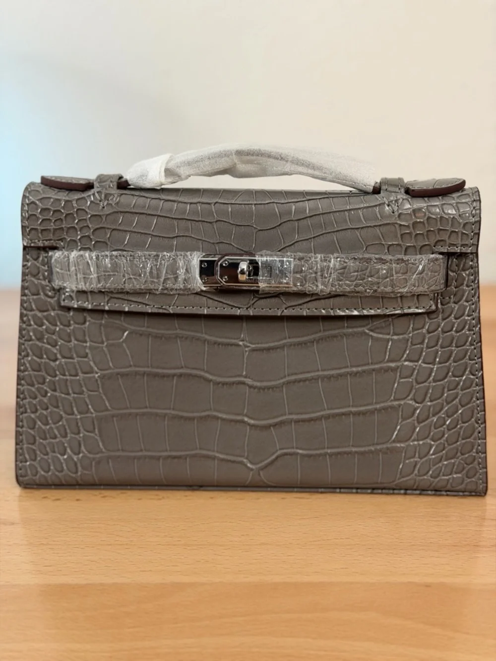 H Kelly Pochette gray matte embossed crocodile alligator leather Gris Ciment PHW